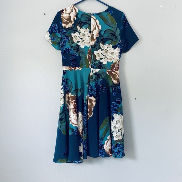 Anthropologie Corey Lynn Calter Dress 6 Green Blue Floral Short Sleeve Preppy - Picture 3 of 7